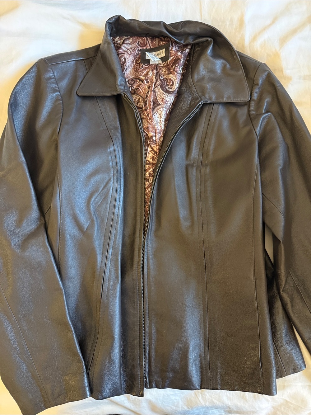 Vintage Women’s Brown Leather Jacket with Paisley Lining